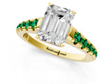 Yellow gold Emerald Cut Diamond Cathedral Solitaire Ring with Round with Emerald side stone Pavé Band_1