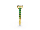 Yellow gold Emerald Cut Diamond Cathedral Solitaire Ring with Round with Emerald side stone Pavé Band_2