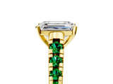 Yellow gold Emerald Cut Diamond Cathedral Solitaire Ring with Round with Emerald side stone Pavé Band_5