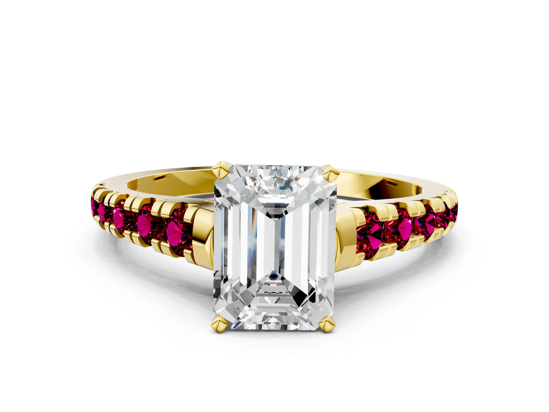 Yellow gold Emerald Cut Diamond Cathedral Solitaire Ring with Round with Garnet side stone Pavé Band_12