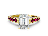 Yellow gold Emerald Cut Diamond Cathedral Solitaire Ring with Round with Garnet side stone Pavé Band_12