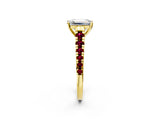 Yellow gold Emerald Cut Diamond Cathedral Solitaire Ring with Round with Garnet side stone Pavé Band_14