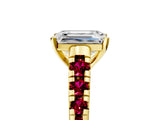 Yellow gold Emerald Cut Diamond Cathedral Solitaire Ring with Round with Garnet side stone Pavé Band_17