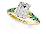 Yellow gold Emerald Cut Diamond Cathedral Solitaire Ring with Round with Green Sapphire side stone Pavé Band_13
