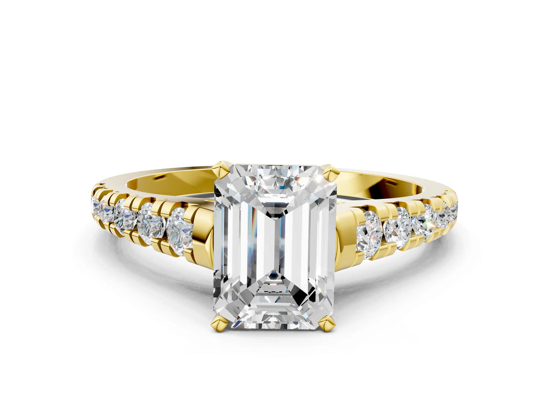 Yellow gold Emerald Cut Diamond Cathedral Solitaire Ring with Round with Moissanite side stone Pavé Band_12