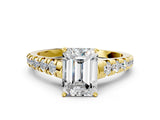 Yellow gold Emerald Cut Diamond Cathedral Solitaire Ring with Round with Moissanite side stone Pavé Band_12