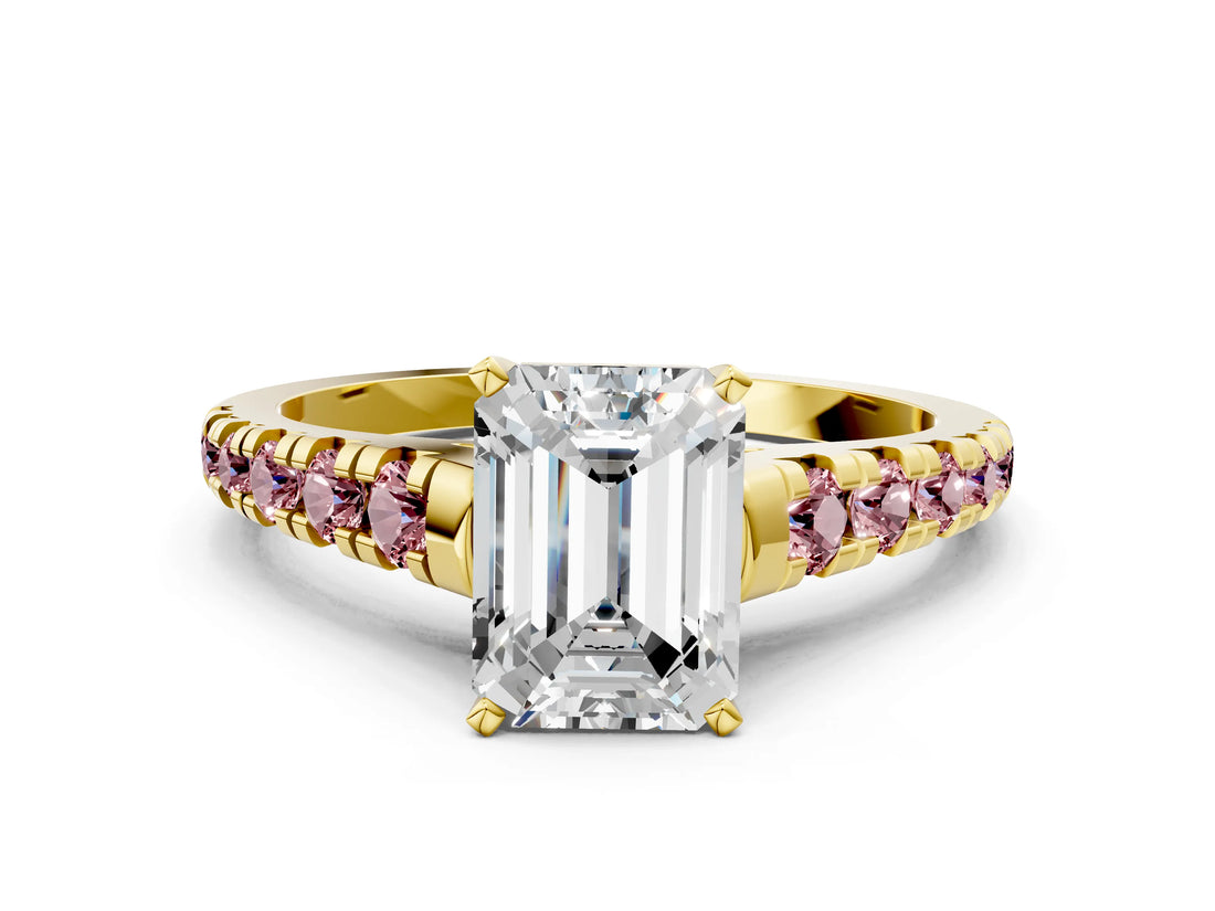 Yellow gold Emerald Cut Diamond Cathedral Solitaire Ring with Round with Morganite side stone Pavé Band_12