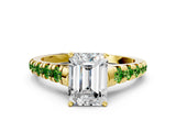 Yellow gold Emerald Cut Diamond Cathedral Solitaire Ring with Round with Peridot side stone Pavé Band