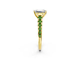 Yellow gold Emerald Cut Diamond Cathedral Solitaire Ring with Round with Peridot side stone Pavé Band_2
