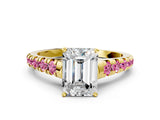 Yellow gold Emerald Cut Diamond Cathedral Solitaire Ring with Round with Pink Sapphire side stone Pavé Band_12