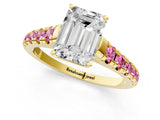 Yellow gold Emerald Cut Diamond Cathedral Solitaire Ring with Round with Pink Sapphire side stone Pavé Band_13