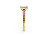 Yellow gold Emerald Cut Diamond Cathedral Solitaire Ring with Round with Pink Sapphire side stone Pavé Band_14