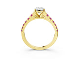 Yellow gold Emerald Cut Diamond Cathedral Solitaire Ring with Round with Pink Sapphire side stone Pavé Band_15