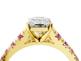 Yellow gold Emerald Cut Diamond Cathedral Solitaire Ring with Round with Pink Sapphire side stone Pavé Band_16