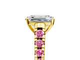 Yellow gold Emerald Cut Diamond Cathedral Solitaire Ring with Round with Pink Sapphire side stone Pavé Band_17
