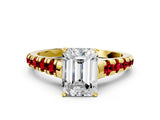 Yellow gold Emerald Cut Diamond Cathedral Solitaire Ring with Round with Ruby side stone Pavé Band_24