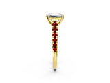 Yellow gold Emerald Cut Diamond Cathedral Solitaire Ring with Round with Ruby side stone Pavé Band_26