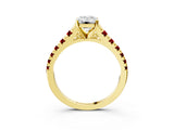 Yellow gold Emerald Cut Diamond Cathedral Solitaire Ring with Round with Ruby side stone Pavé Band_27