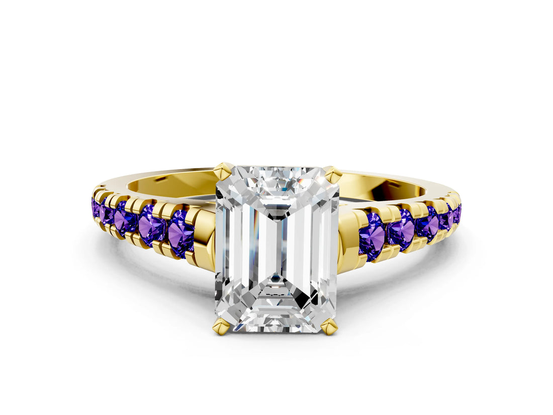 Yellow gold Emerald Cut Diamond Cathedral Solitaire Ring with Round with Tanzanite side stone Pavé Band