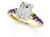 Yellow gold Emerald Cut Diamond Cathedral Solitaire Ring with Round with Tanzanite side stone Pavé Band_1