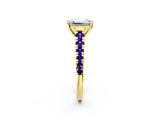 Yellow gold Emerald Cut Diamond Cathedral Solitaire Ring with Round with Tanzanite side stone Pavé Band_2