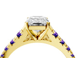 Yellow gold Emerald Cut Diamond Cathedral Solitaire Ring with Round with Tanzanite side stone Pavé Band_4