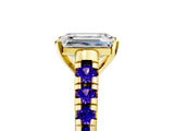 Yellow gold Emerald Cut Diamond Cathedral Solitaire Ring with Round with Tanzanite side stone Pavé Band_5