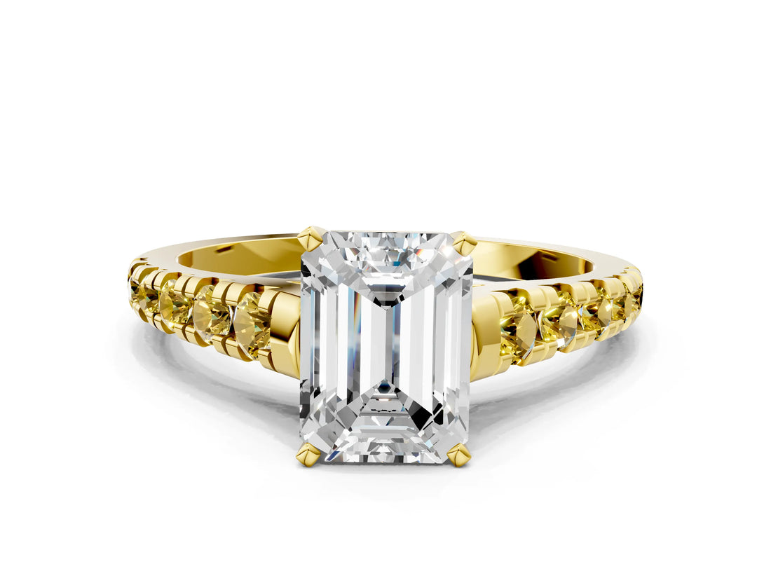 Yellow gold Emerald Cut Diamond Cathedral Solitaire Ring with Round with Yellow Sapphire side stone Pavé Band_24
