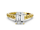 Yellow gold Emerald Cut Diamond Cathedral Solitaire Ring with Round with Yellow Sapphire side stone Pavé Band_24
