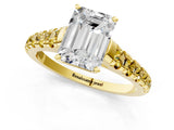 Yellow gold Emerald Cut Diamond Cathedral Solitaire Ring with Round with Yellow Sapphire side stone Pavé Band_25