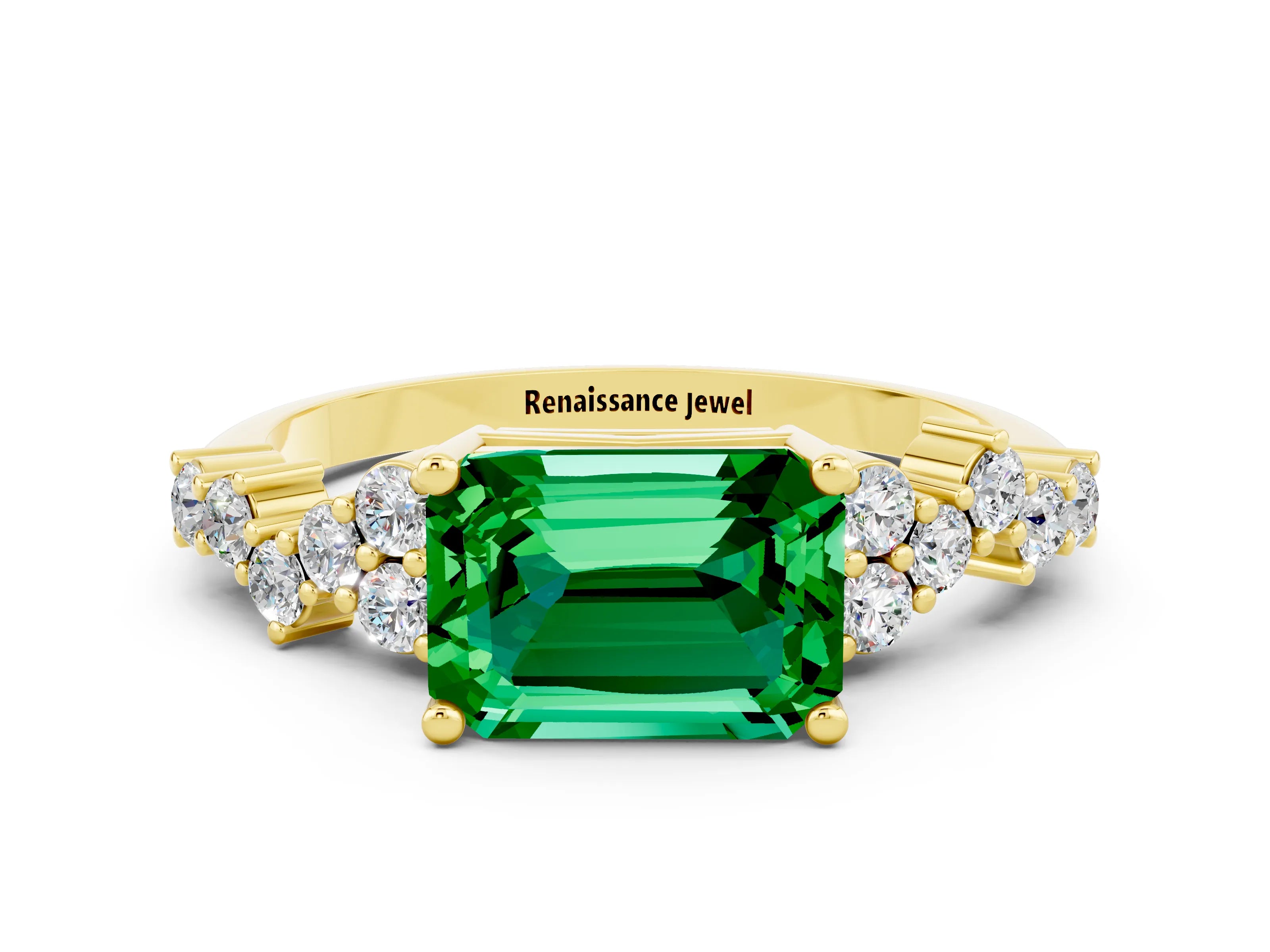 Yellow gold Emerald Cut Diamond Cluster Pavé Band with Four-Prong Setting