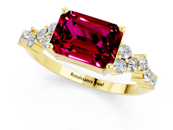 Yellow gold Emerald Cut Garnet Scattered Round Accent Ring with Prong Setting