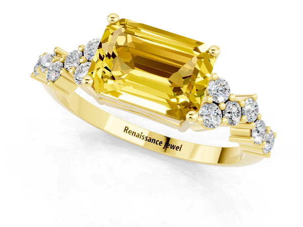 Yellow gold Emerald Cut Yellow Sapphire Scattered Round Accent Ring with Prong Setting