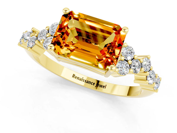 Yellow gold Emerald Cut Citrine Scattered Round Accent Ring with Prong Setting