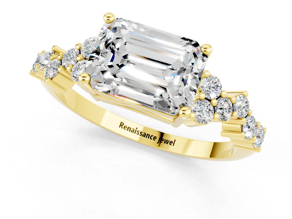 Yellow gold Emerald Cut Moissanite Scattered Round Accent Ring with Prong Setting
