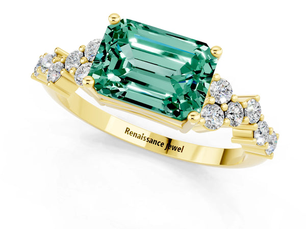 Yellow gold Emerald Cut Green Sapphire Scattered Round Accent Ring with Prong Setting
