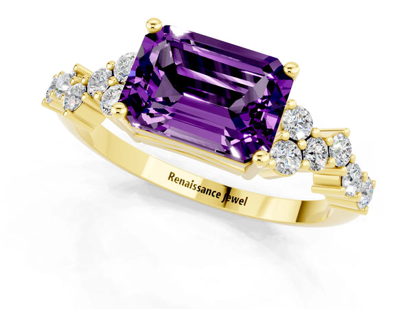 Yellow gold Emerald Cut Amethyst Scattered Round Accent Ring with Prong Setting