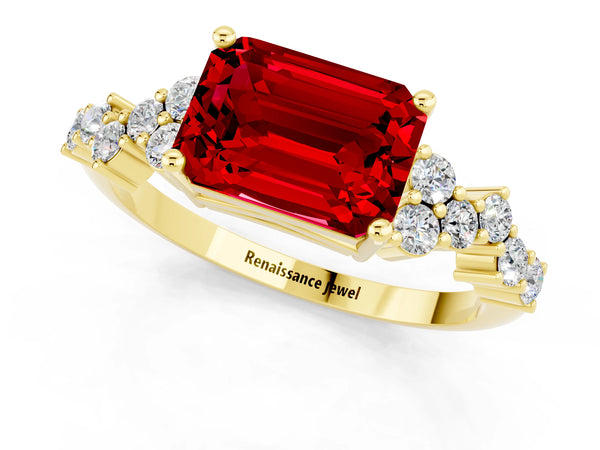 Yellow gold Emerald Cut Ruby Scattered Round Accent Ring with Prong Setting