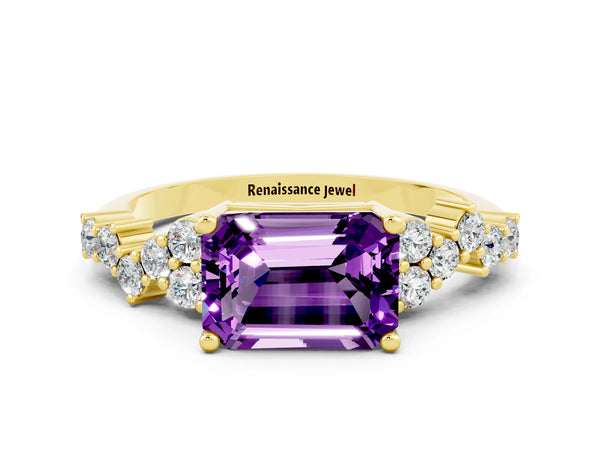 Yellow gold Emerald Cut Amethyst Scattered Round Accent Ring with Prong Setting