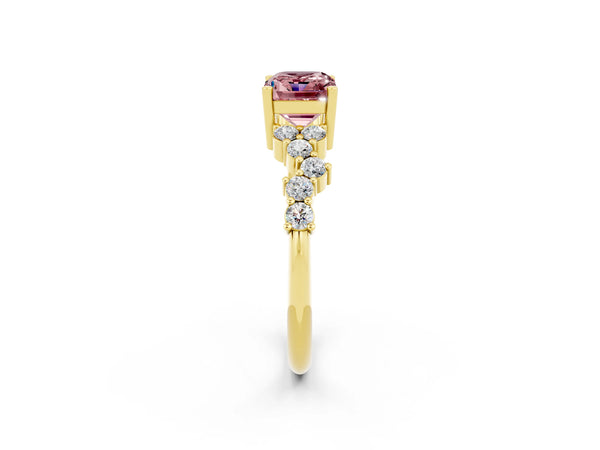 Yellow gold Emerald Cut Diamond Cluster Pavé Band with Four-Prong Setting