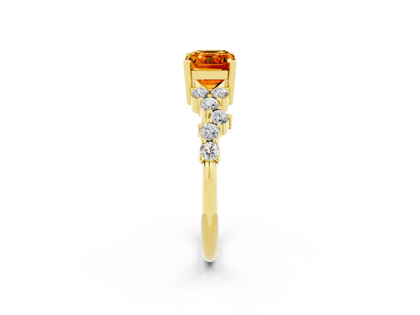 Yellow gold Emerald Cut Citrine Scattered Round Accent Ring with Prong Setting