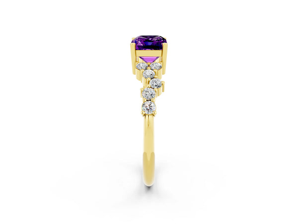 Yellow gold Emerald Cut Amethyst Scattered Round Accent Ring with Prong Setting