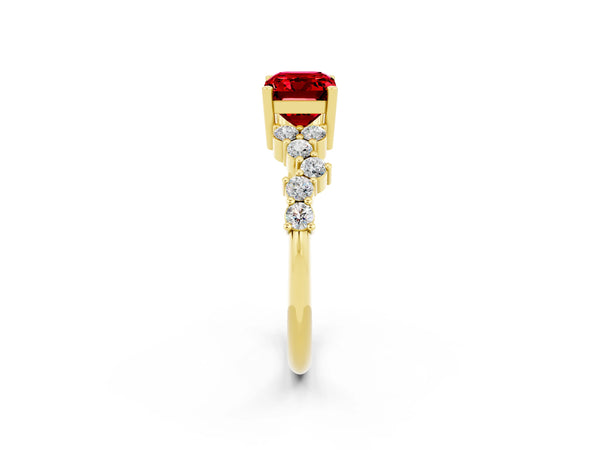 Yellow gold Emerald Cut Ruby Scattered Round Accent Ring with Prong Setting