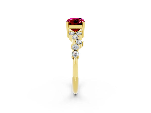 Yellow gold Emerald Cut Garnet Scattered Round Accent Ring with Prong Setting