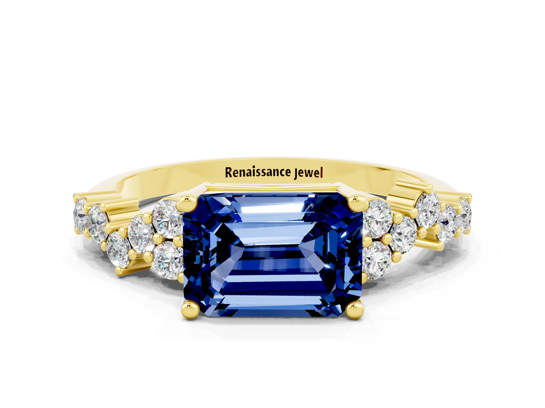 Yellow gold Emerald Cut Diamond Cluster Pavé Band with Four-Prong Setting