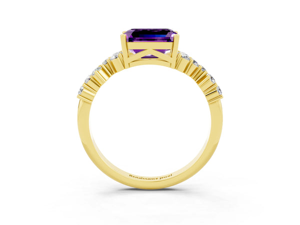 Yellow gold Emerald Cut Amethyst Scattered Round Accent Ring with Prong Setting