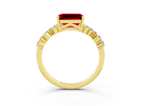 Yellow gold Emerald Cut Ruby Scattered Round Accent Ring with Prong Setting