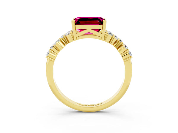 Yellow gold Emerald Cut Garnet Scattered Round Accent Ring with Prong Setting