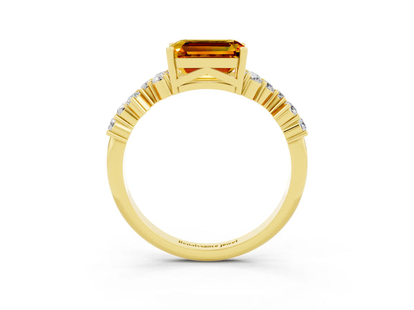 Yellow gold Emerald Cut Citrine Scattered Round Accent Ring with Prong Setting