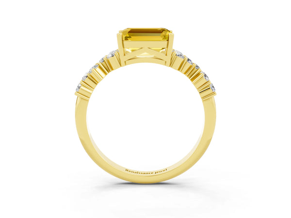 Yellow gold Emerald Cut Yellow Sapphire Scattered Round Accent Ring with Prong Setting
